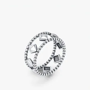925 Sterling Silver Ring For Women Vintage Geometric Rhombus Pattern Double Layer Beaded Edge Minimalist Jewelry