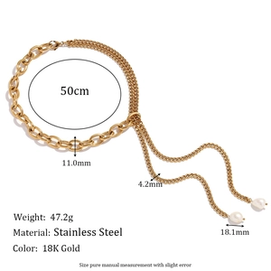18K gold plated stainless steel double layer Cuban and O-chain necklace with pearls