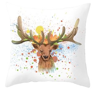 Detailed view of colorful elk reindeer printed on white decorative sofa pillowcase