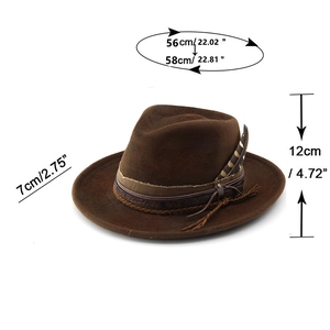Classic brown felt jazz fedora with feather and belt detail, size 56-58cm for women