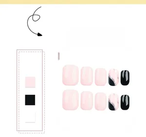 Detail of pink and black marble press-on nails with silver glitter in short round square shape