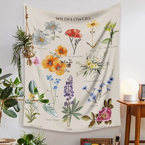Close-up of bohemian wildflower tapestry with floral illustrations and botanical names