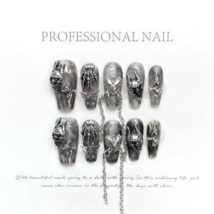 Dark Gothic 3D press-on nail set with silver metal skull and cross charms