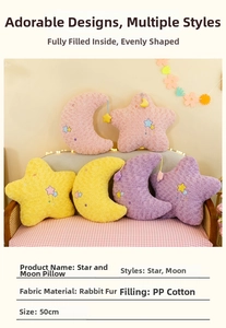 Detailed view of soft star and moon plush pillows in 50cm with rabbit fur texture