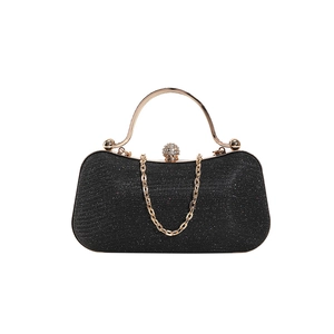 Elegant black glitter evening clutch with round gold metal handle and rhinestone lock