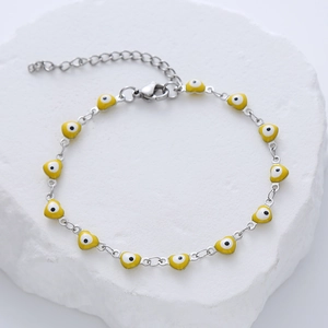 Edelstahlarmband mit gelben Emaille-Herzanhängern und Evil Eye Motiven für Damen