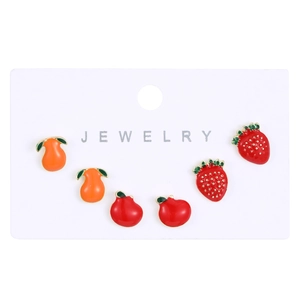 Detail view of 3-pair fruit stud earring set featuring pear, apple, and strawberry designs
