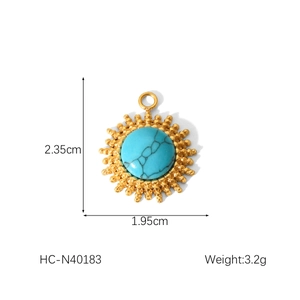 Detail showing dimensions of gold-plated palm eye pendant with turquoise stone inlay