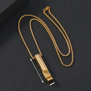 Detailed view of golden stainless steel tube pendant on box chain with size dimensions