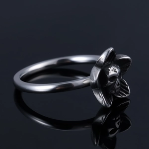 Vintage punk skull and flower stainless steel ring with polished silver finish
