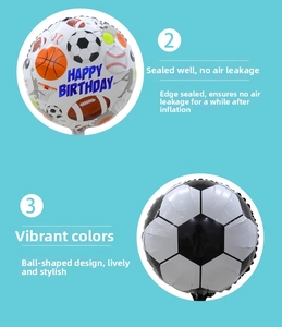 Detail of sports-themed foil balloons featuring soccer, basketball, and Happy Birthday text