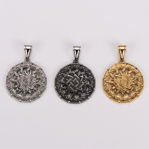 Three-color stainless steel round pendants with sunburst and center symbol detail