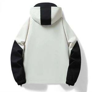 Waterproof black and white hooded softshell jacket with adjustable drawstring hem