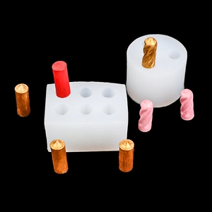 6-cavity white silicone candle and lipstick mold with colorful finished products