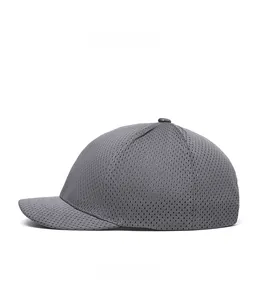 Side view of dark grey mesh baseball cap with short brim and breathable fabric