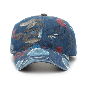Elegant floral denim baseball cap for women with dark blue flower print patterns