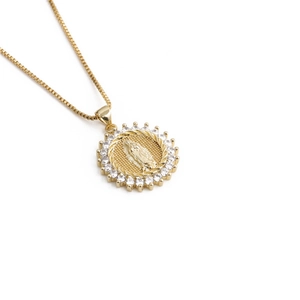 Gold plated virgin mary pendant necklace with sparkling cubic zirconia on box chain