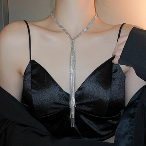Elegant multi-layer rhinestone fringe choker necklace with silver tassels for evening wear