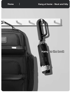 Close-up of black automatic folding umbrella with innovative D-ring hook handle for storage