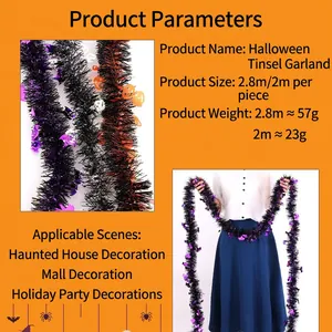 Halloween tinsel garland decorations in purple, black, orange for party hanging decor