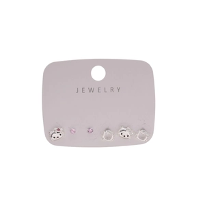 Minimalist silver needle Hello Kitty earring set with pink zircons on purple card