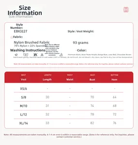 Size chart for brushed yoga vest with measurements for bust, waist, and length in centimeters