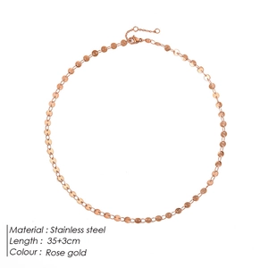 Detailed view of a rose gold stainless steel disc chain necklace with measurements