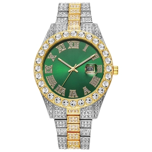 Macro shot of hip-hop watch with green roman dial and full diamond pavé detailing