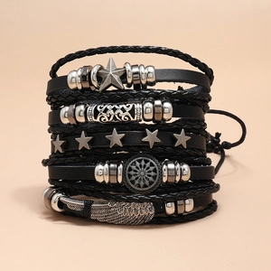 5-piece men's punk black leather bracelet set with metallic star and feather charms