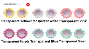 Six colors of translucent daisy shaped sunflower sunglasses for kids in a grid display