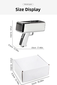 Detailed dimension guide for silver money gun with box packaging in cm and inches