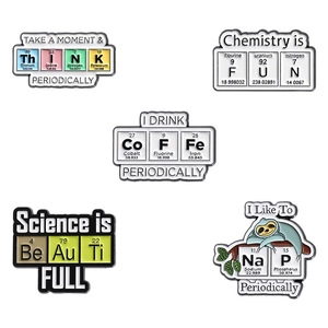 5-piece science theme enamel pin set featuring periodic table and chemistry badge designs