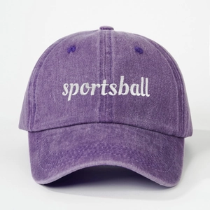 Vintage purple washed cotton baseball cap with white sportsball embroidery for sports