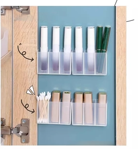 Detail of wall-mounted clear acrylic organizer for lipstick and makeup on cabinet door