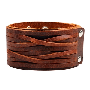 Men Braided Leather Bracelet Wide Punk Rock Wristband With Metal Snap Buttons Adjustable Retro Genuine Cowhide