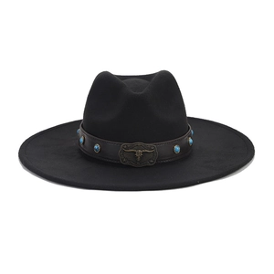 British style black wide brim felt hat with turquoise western leather band and bull skull