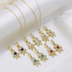 Cartoon Bear Boy Girl Heart Pendant Necklace Copper Gold Plated Colorful Zircon Inlay Fashion Collarbone Jewelry For Women