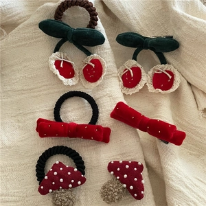 Detailed set of cherry hair clips and red velvet bow ties with cute mushroom hair ties
