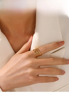 Detail of 18K gold plated stainless steel multi-layer wrap ring on hand in minimalist style