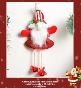 Detail of Christmas gnome ornament with knit hat, long faux fur beard, and red bell