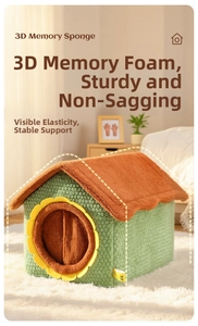 Detail of green fleece pet house with 3D memory sponge filling for winter comfort