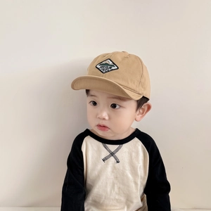 Kids khaki cotton baseball cap with mountain embroidery patch and soft brim for sun protection