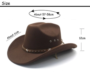 Detail view of coffee brown western cowboy hat with studded leather band and size specs