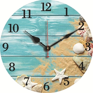 Silent vintage wood wall clock featuring a beach theme with sea stars and shells