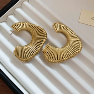 Detail of golden textured C-shape hoop earrings with bead trim in a jewelry gift box