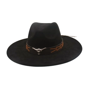 Detail of black wool fedora with brown ethnic band and silver bull skull emblem