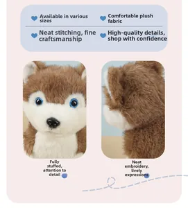 Close-up of soft brown and white husky plush toy fabric and fine embroidery details
