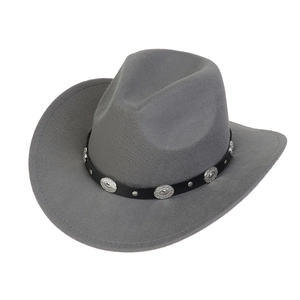 Detail of grey felt cowboy hat featuring black leather band with silver metal conchos