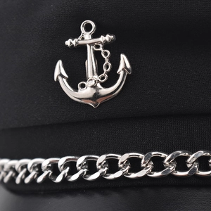 Black anchor military cap with silver chain decoration and glossy leather brim detail
