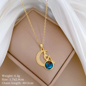 Detailed close-up of crescent moon necklace pendant with dimensions and weight specs